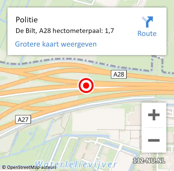 Locatie op kaart van de 112 melding: Politie De Bilt, A28 hectometerpaal: 1,7 op 16 juni 2023 18:07