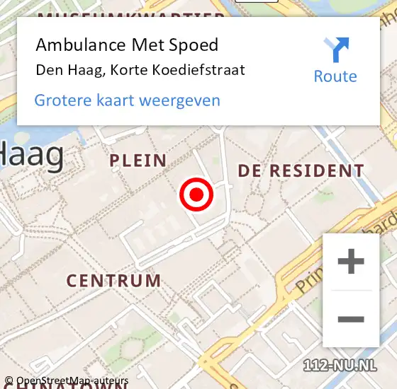 Locatie op kaart van de 112 melding: Ambulance Met Spoed Naar Den Haag, Korte Koediefstraat op 16 juni 2023 18:36