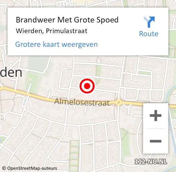 Locatie op kaart van de 112 melding: Brandweer Met Grote Spoed Naar Wierden, Primulastraat op 16 juni 2023 18:54