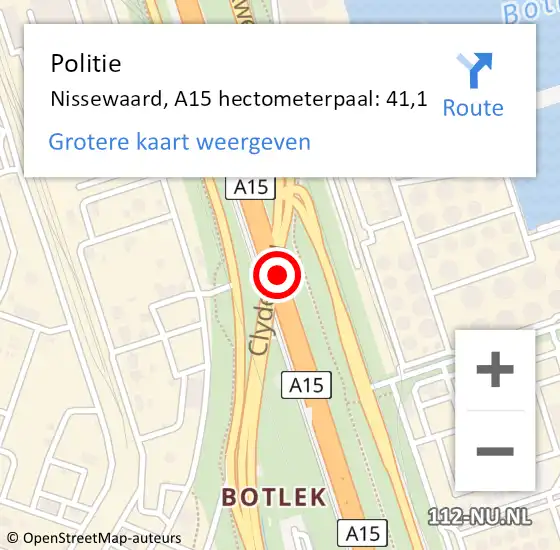 Locatie op kaart van de 112 melding: Politie Nissewaard, A15 hectometerpaal: 41,1 op 16 juni 2023 21:04