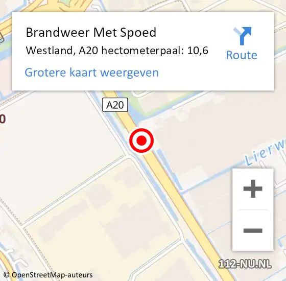 Locatie op kaart van de 112 melding: Brandweer Met Spoed Naar Westland, A20 hectometerpaal: 10,6 op 16 juni 2023 21:04