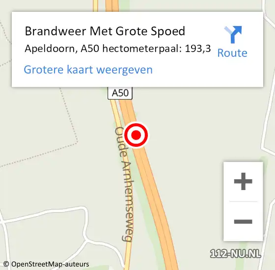 Locatie op kaart van de 112 melding: Brandweer Met Grote Spoed Naar Apeldoorn, A50 hectometerpaal: 193,3 op 16 juni 2023 21:41