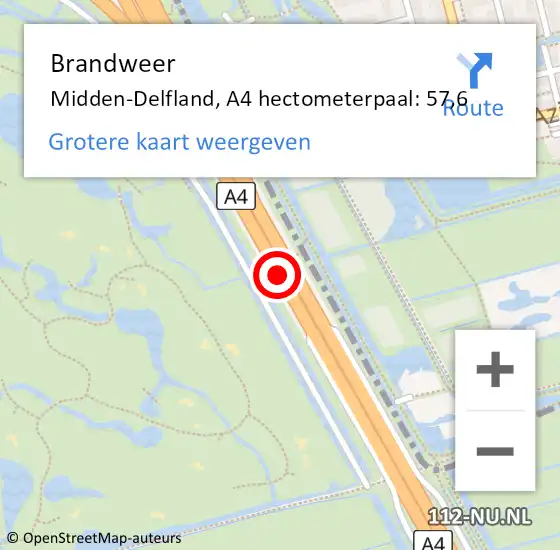 Locatie op kaart van de 112 melding: Brandweer Midden-Delfland, A4 hectometerpaal: 57,6 op 16 juni 2023 22:07