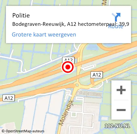 Locatie op kaart van de 112 melding: Politie Bodegraven-Reeuwijk, A12 hectometerpaal: 39,9 op 17 juni 2023 01:27