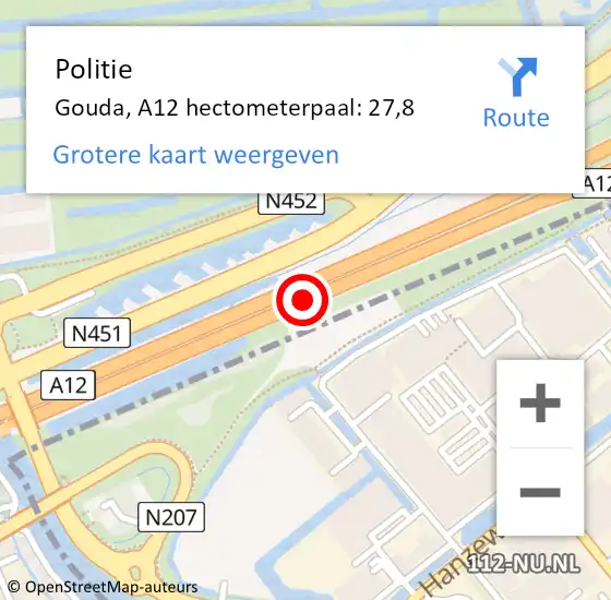 Locatie op kaart van de 112 melding: Politie Gouda, A12 hectometerpaal: 27,8 op 17 juni 2023 02:02