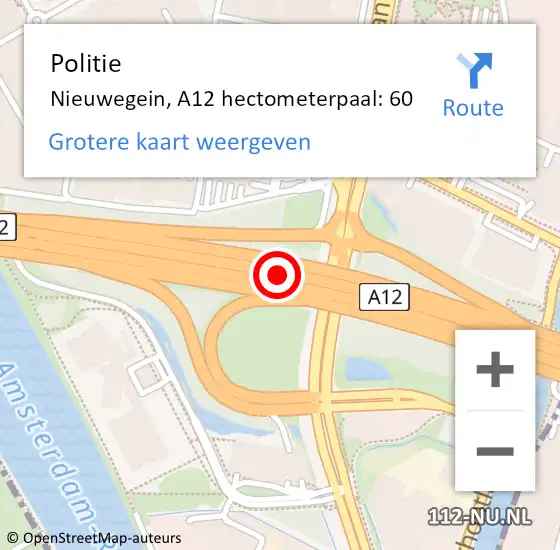 Locatie op kaart van de 112 melding: Politie Nieuwegein, A12 hectometerpaal: 60 op 17 juni 2023 04:12