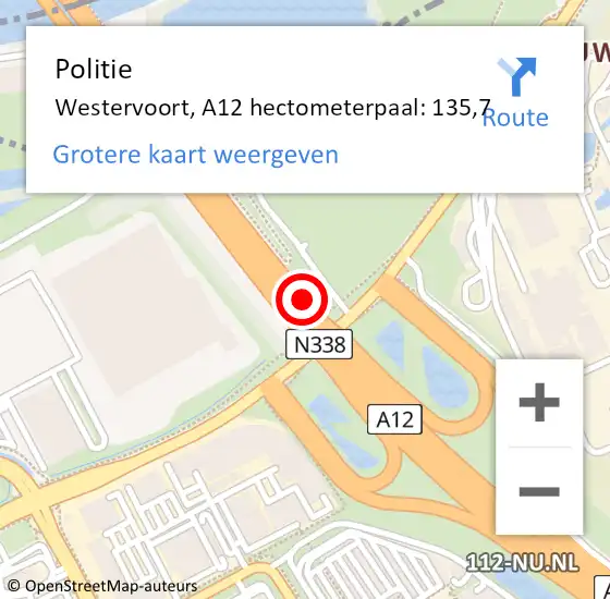 Locatie op kaart van de 112 melding: Politie Westervoort, A12 hectometerpaal: 135,7 op 17 juni 2023 08:52