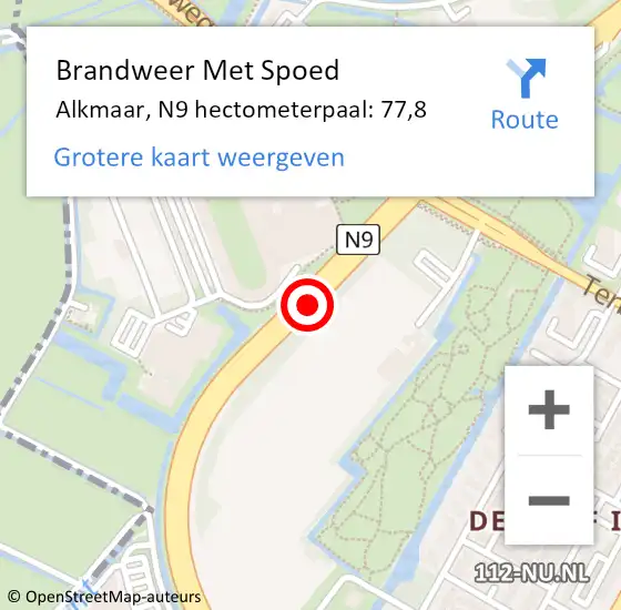 Locatie op kaart van de 112 melding: Brandweer Met Spoed Naar Alkmaar, N9 hectometerpaal: 77,8 op 17 juni 2023 09:26
