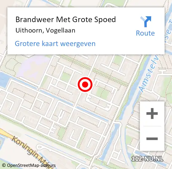 Locatie op kaart van de 112 melding: Brandweer Met Grote Spoed Naar Uithoorn, Vogellaan op 17 juni 2023 09:57