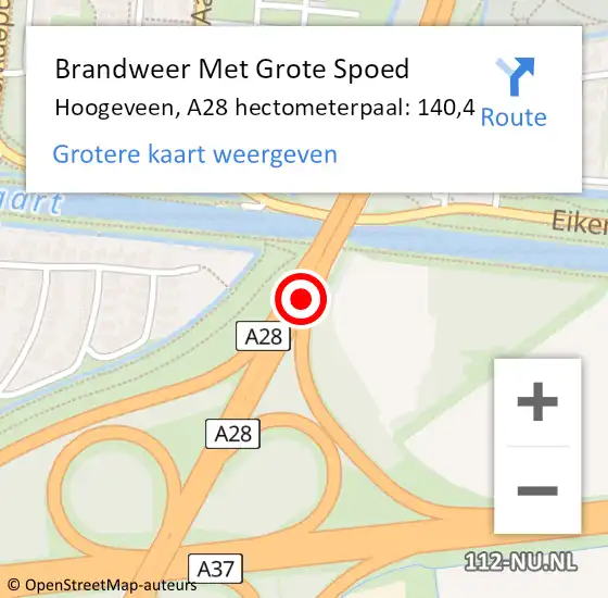 Locatie op kaart van de 112 melding: Brandweer Met Grote Spoed Naar Hoogeveen, A28 hectometerpaal: 140,4 op 17 juni 2023 10:01