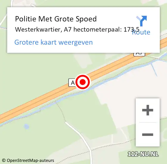 Locatie op kaart van de 112 melding: Politie Met Grote Spoed Naar Westerkwartier, A7 hectometerpaal: 173,5 op 17 juni 2023 12:30