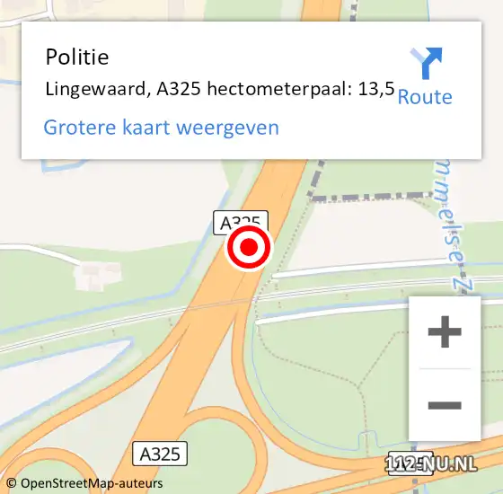 Locatie op kaart van de 112 melding: Politie Lingewaard, A325 hectometerpaal: 13,5 op 17 juni 2023 12:56