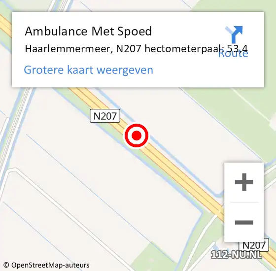 Locatie op kaart van de 112 melding: Ambulance Met Spoed Naar Haarlemmermeer, N207 hectometerpaal: 53,4 op 17 juni 2023 14:25