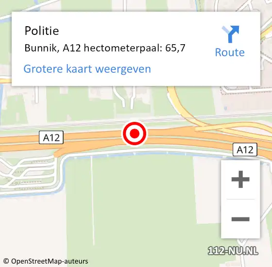 Locatie op kaart van de 112 melding: Politie Bunnik, A12 hectometerpaal: 65,7 op 17 juni 2023 14:55