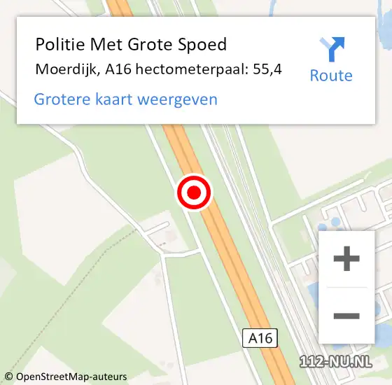 Locatie op kaart van de 112 melding: Politie Met Grote Spoed Naar Moerdijk, A16 hectometerpaal: 55,4 op 17 juni 2023 15:34