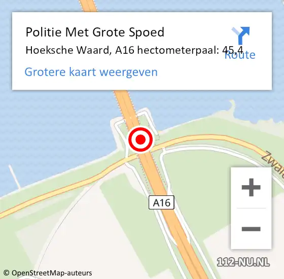 Locatie op kaart van de 112 melding: Politie Met Grote Spoed Naar Hoeksche Waard, A16 hectometerpaal: 45,4 op 17 juni 2023 15:37