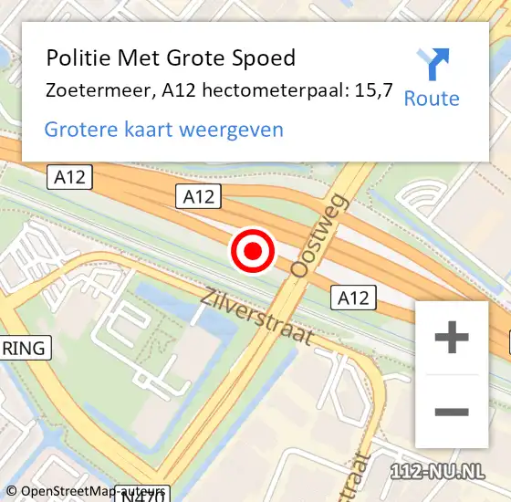 Locatie op kaart van de 112 melding: Politie Met Grote Spoed Naar Zoetermeer, A12 hectometerpaal: 15,7 op 17 juni 2023 16:01