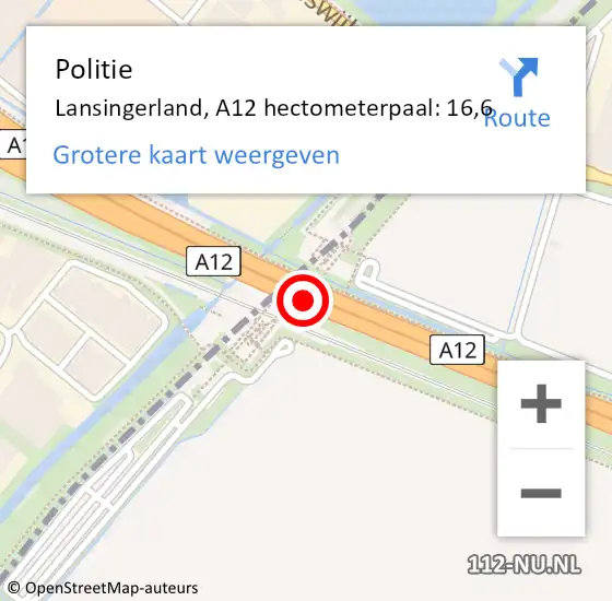 Locatie op kaart van de 112 melding: Politie Zoetermeer, A12 hectometerpaal: 16,6 op 17 juni 2023 16:04