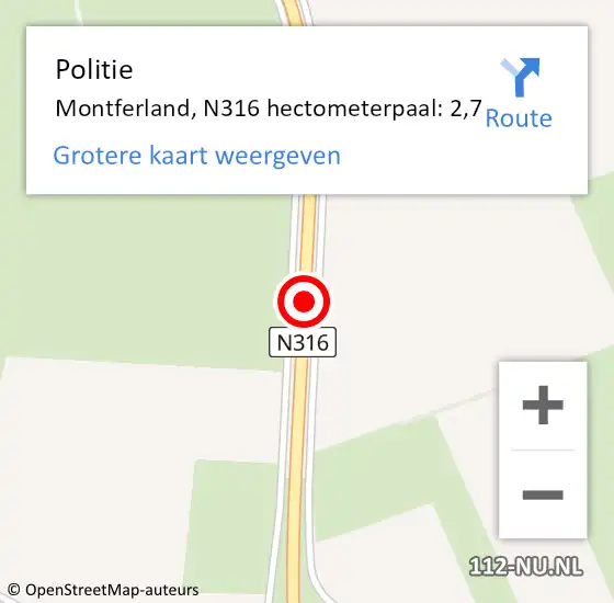 Locatie op kaart van de 112 melding: Politie Montferland, N316 hectometerpaal: 2,7 op 17 juni 2023 19:04