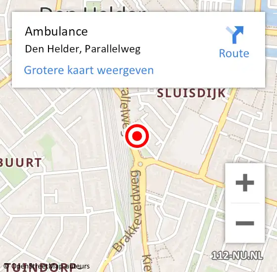 Locatie op kaart van de 112 melding: Ambulance Den Helder, Parallelweg op 17 juni 2023 20:53