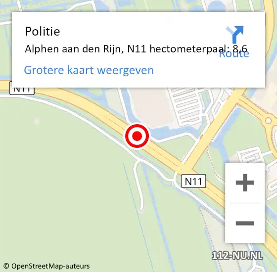 Locatie op kaart van de 112 melding: Politie Alphen aan den Rijn, N11 hectometerpaal: 8,6 op 17 juni 2023 21:37