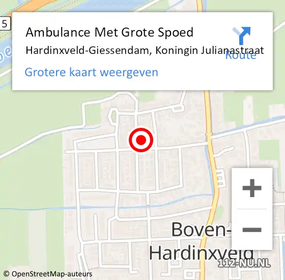 Locatie op kaart van de 112 melding: Ambulance Met Grote Spoed Naar Hardinxveld-Giessendam, Koningin Julianastraat op 17 juni 2023 22:39