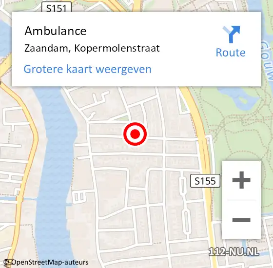 Locatie op kaart van de 112 melding: Ambulance Zaandam, Kopermolenstraat op 17 juni 2023 22:57