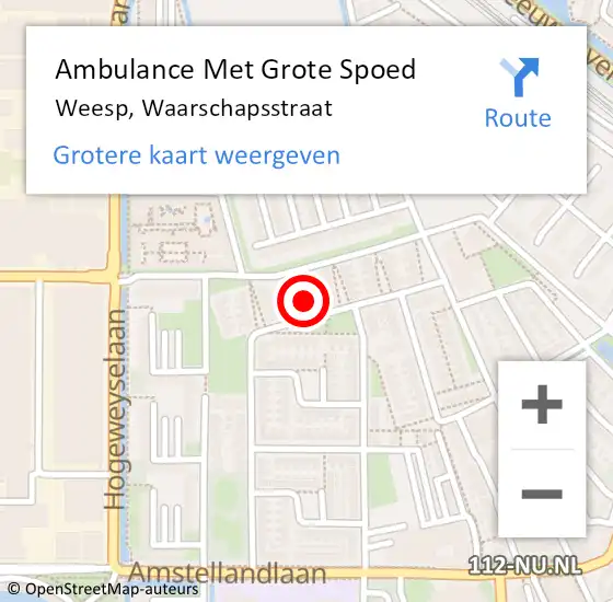 Locatie op kaart van de 112 melding: Ambulance Met Grote Spoed Naar Weesp, Waarschapsstraat op 18 juni 2023 00:42