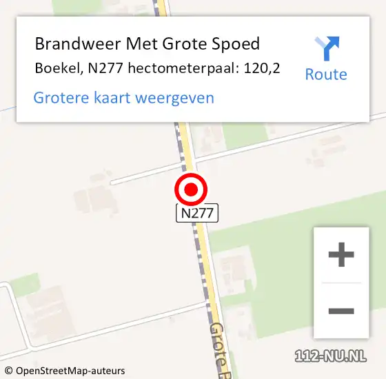 Locatie op kaart van de 112 melding: Brandweer Met Grote Spoed Naar Boekel, N277 hectometerpaal: 120,2 op 18 juni 2023 01:04