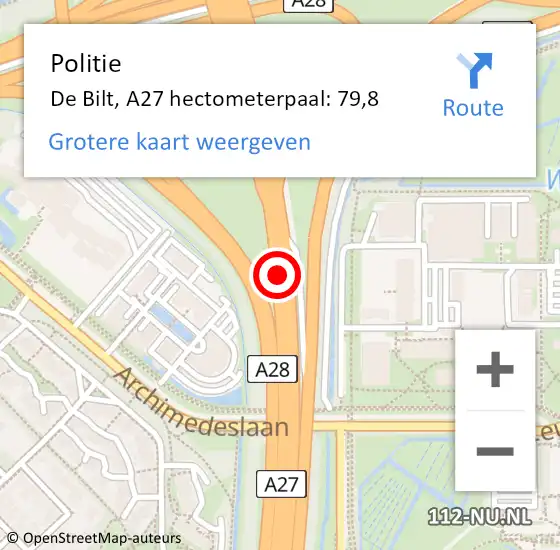 Locatie op kaart van de 112 melding: Politie De Bilt, A27 hectometerpaal: 79,8 op 18 juni 2023 03:15