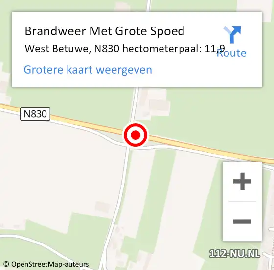 Locatie op kaart van de 112 melding: Brandweer Met Grote Spoed Naar West Betuwe, N830 hectometerpaal: 11,9 op 18 juni 2023 04:27