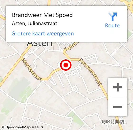 Locatie op kaart van de 112 melding: Brandweer Met Spoed Naar Asten, Julianastraat op 18 juni 2023 10:31