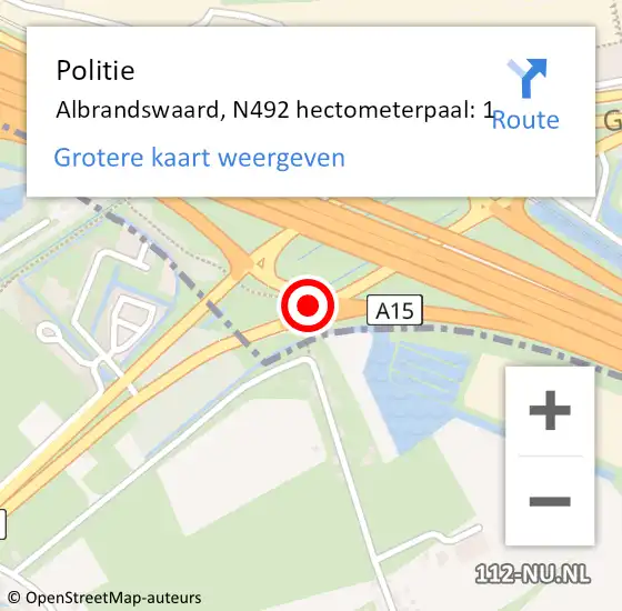 Locatie op kaart van de 112 melding: Politie Albrandswaard, N492 hectometerpaal: 1 op 18 juni 2023 10:34