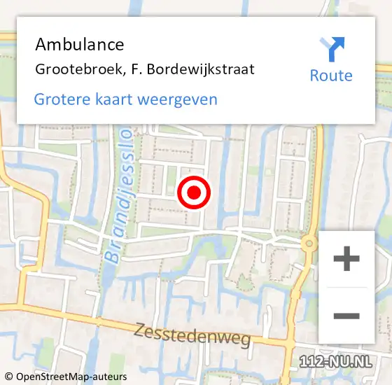 Locatie op kaart van de 112 melding: Ambulance Grootebroek, F. Bordewijkstraat op 18 juni 2023 12:38