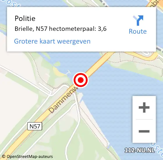 Locatie op kaart van de 112 melding: Politie Brielle, N57 hectometerpaal: 3,6 op 18 juni 2023 13:01