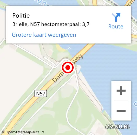 Locatie op kaart van de 112 melding: Politie Brielle, N57 hectometerpaal: 3,7 op 18 juni 2023 13:02