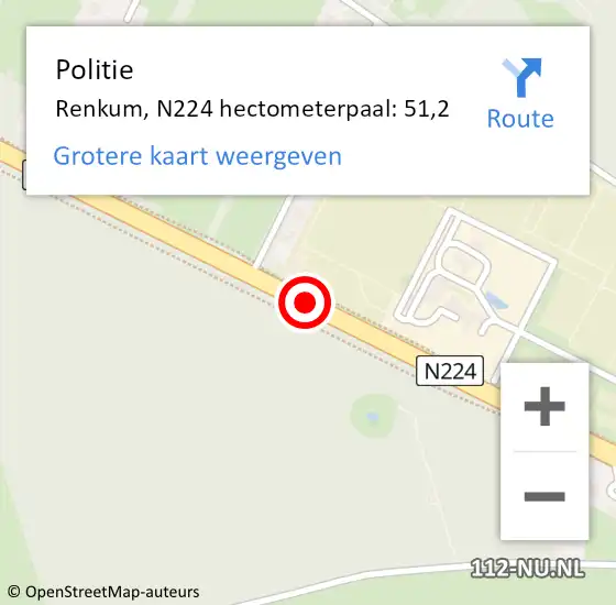 Locatie op kaart van de 112 melding: Politie Renkum, N224 hectometerpaal: 51,2 op 18 juni 2023 13:28