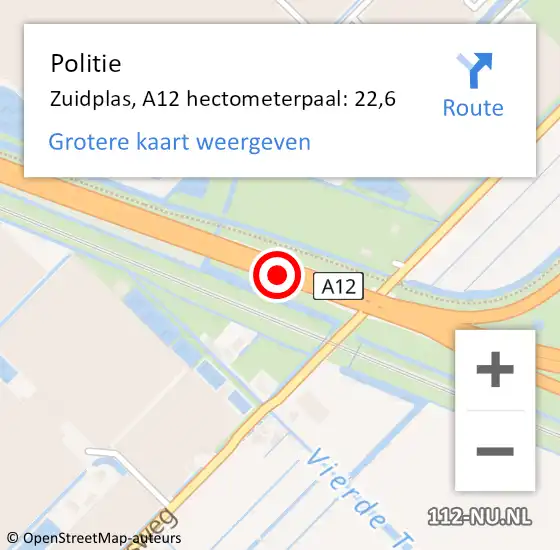 Locatie op kaart van de 112 melding: Politie Zuidplas, A12 hectometerpaal: 22,6 op 18 juni 2023 15:04