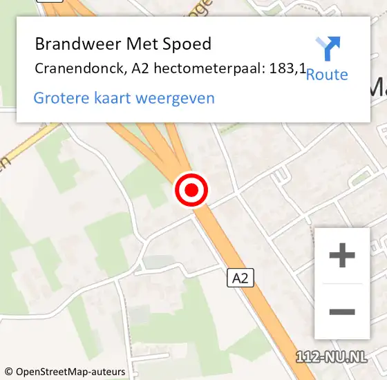 Locatie op kaart van de 112 melding: Brandweer Met Spoed Naar Cranendonck, A2 hectometerpaal: 183,1 op 18 juni 2023 15:57
