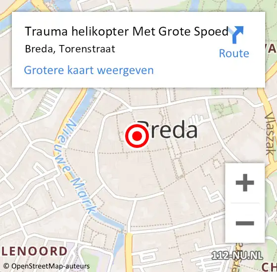 Locatie op kaart van de 112 melding: Trauma helikopter Met Grote Spoed Naar Breda, Torenstraat op 18 juni 2023 16:49