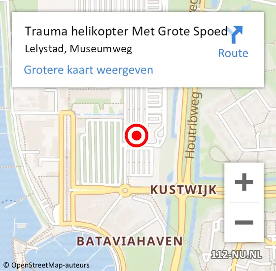 Locatie op kaart van de 112 melding: Trauma helikopter Met Grote Spoed Naar Lelystad, Museumweg op 18 juni 2023 16:54