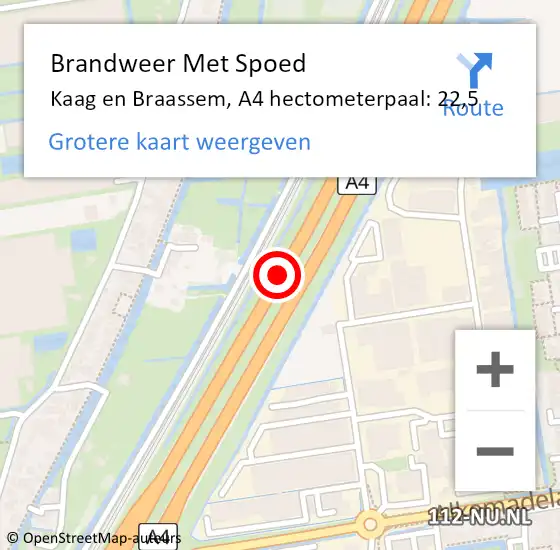 Locatie op kaart van de 112 melding: Brandweer Met Spoed Naar Kaag en Braassem, A4 hectometerpaal: 22,5 op 18 juni 2023 17:48