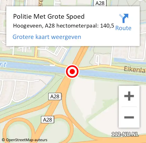 Locatie op kaart van de 112 melding: Politie Met Grote Spoed Naar Hoogeveen, A28 hectometerpaal: 140,5 op 18 juni 2023 20:27