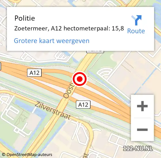 Locatie op kaart van de 112 melding: Politie Zoetermeer, A12 hectometerpaal: 15,8 op 18 juni 2023 21:01