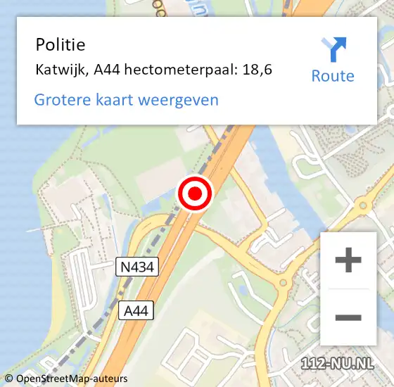 Locatie op kaart van de 112 melding: Politie Katwijk, A44 hectometerpaal: 18,6 op 18 juni 2023 21:18