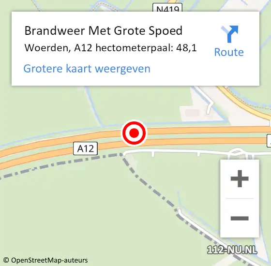 Locatie op kaart van de 112 melding: Brandweer Met Grote Spoed Naar Woerden, A12 hectometerpaal: 48,1 op 19 juni 2023 00:06