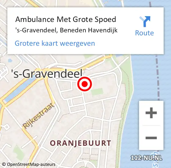 Locatie op kaart van de 112 melding: Ambulance Met Grote Spoed Naar 's-Gravendeel, Beneden Havendijk op 19 juni 2023 00:49