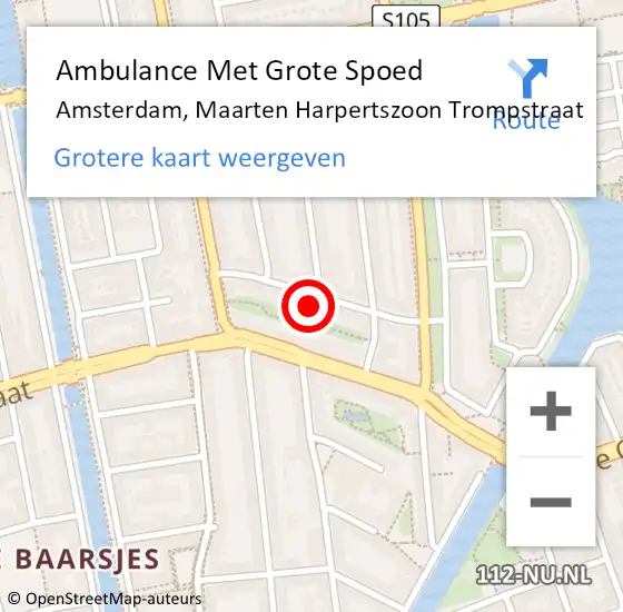 Locatie op kaart van de 112 melding: Ambulance Met Grote Spoed Naar Amsterdam, Maarten Harpertszoon Trompstraat op 19 juni 2023 01:44