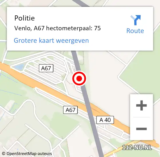 Locatie op kaart van de 112 melding: Politie Venlo, A67 hectometerpaal: 75 op 19 juni 2023 04:01