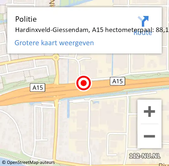 Locatie op kaart van de 112 melding: Politie Hardinxveld-Giessendam, A15 hectometerpaal: 88,1 op 19 juni 2023 09:21